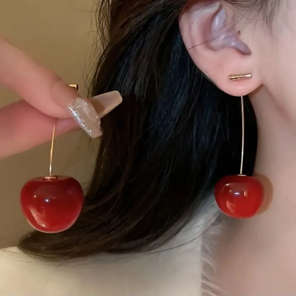 Cherry Drop Earrings Dangle Gold Brushed Sterling Silver Hook Statement Jewelry - Picture 2 of 8